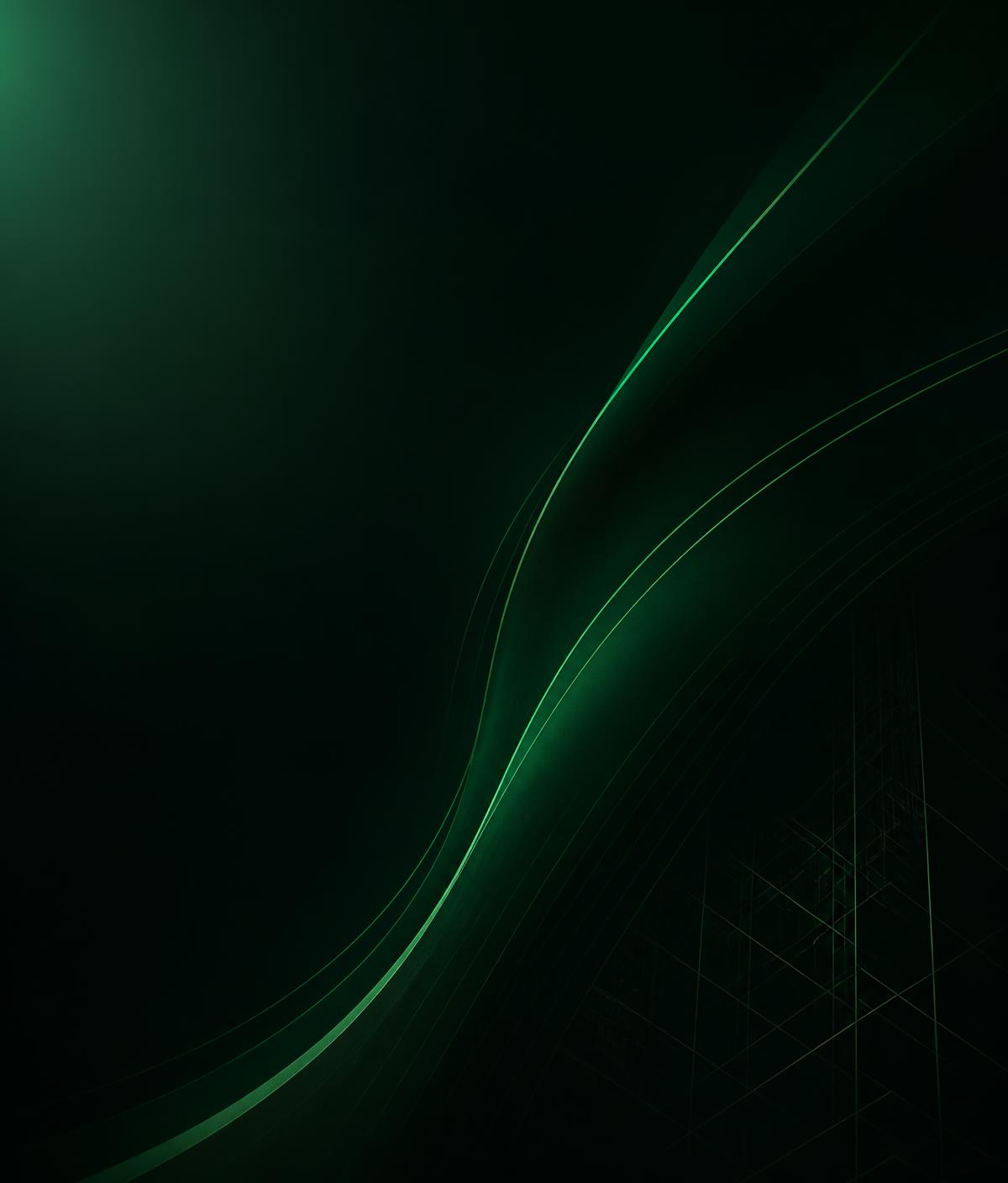 Abstract emerald visual echoing the hero — deep green gradients and sweeping curved lines